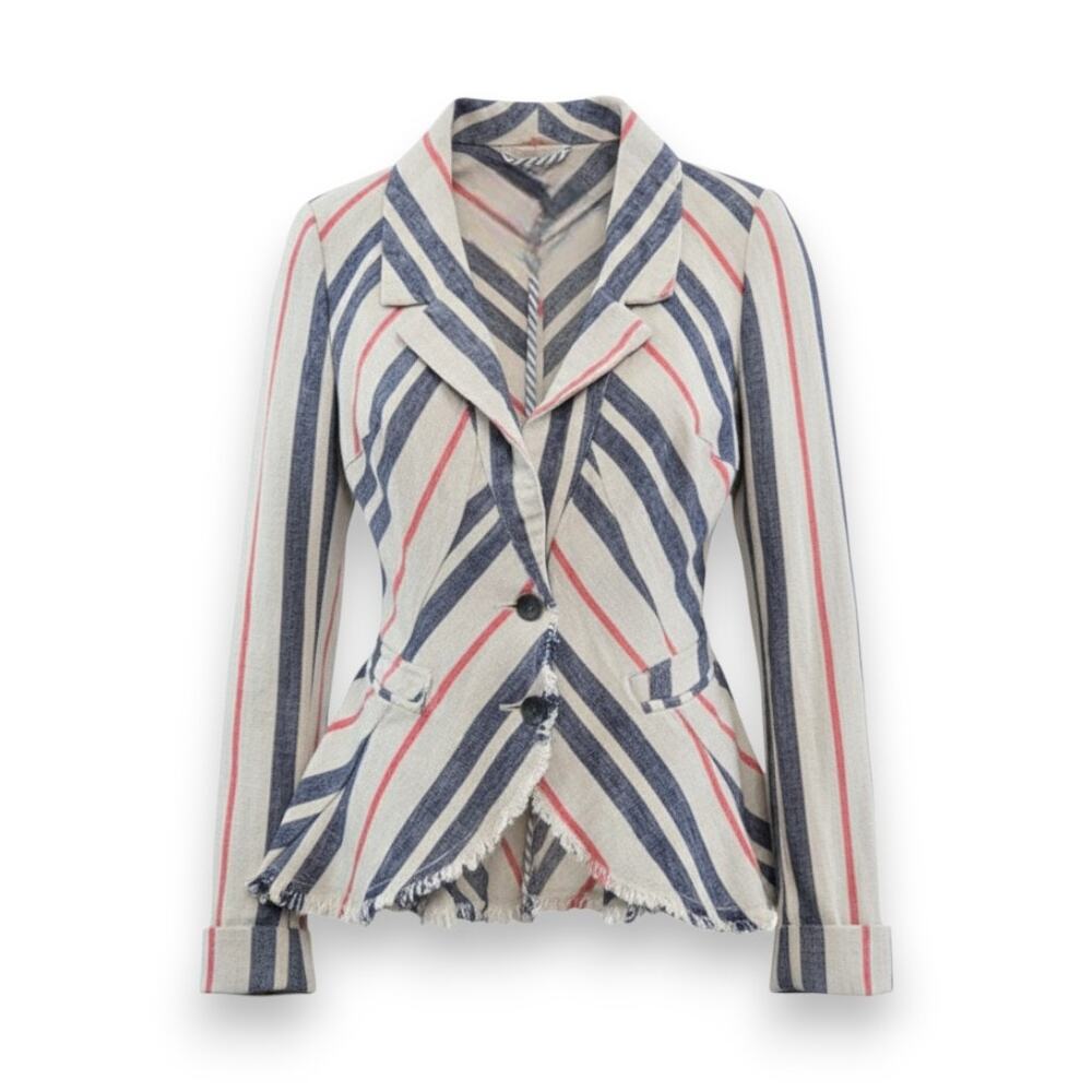 Free People Ivory Navy Red Linen Peplum Blazer Striped Frayed Jacket Size 2